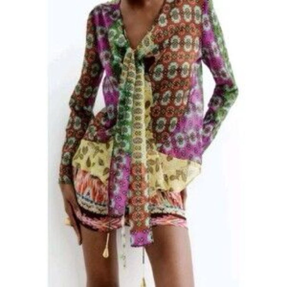 Zara Multicolor Patchwork Tie-Neck Blouse — Green… - image 2